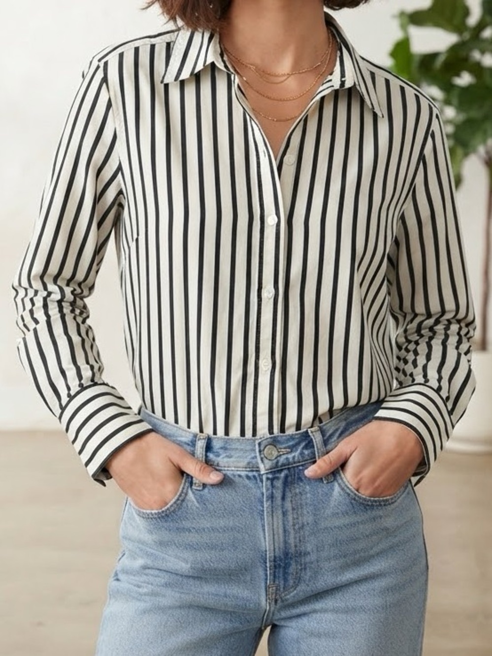 H&M White and Black Vertical Stripe Button-Down Shirt